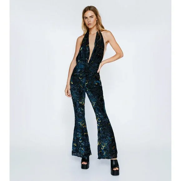 🦋🔥💋UBER GORGE!💋🦋🔥70's Inspired Floral Devoré Velvet Halter Flared Jumpsuit - Picture 2 of 10